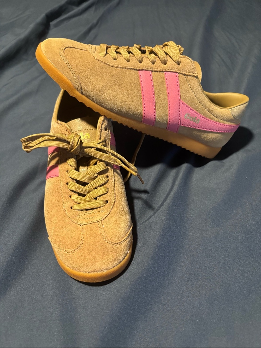 Gola Bullet Women’s Tan Suede Sneaker with Pink Stripes